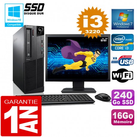 PC Lenovo M92p SFF Core I3-3220 Ram 16Go Disque 240 Go SSD Wifi W7 Ecran 22"