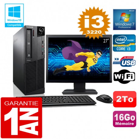 PC Lenovo M92p SFF Core I3-3220 Ram 16Go Disque 2 To Wifi W7 Ecran 27"