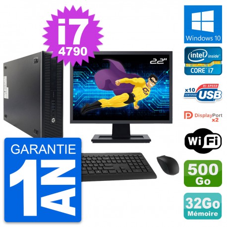 PC HP 600 G1 SFF Ecran 22" Intel i7-4790 RAM 32Go Disque 500Go Windows 10 Wifi