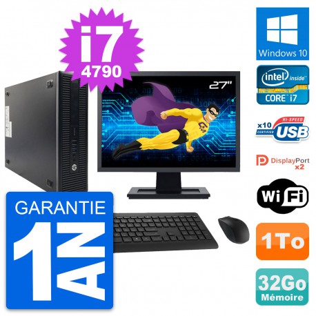 PC HP 600 G1 SFF Ecran 27" Intel i7-4790 RAM 32Go Disque Dur 1To Windows 10 Wifi