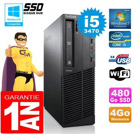 PC Lenovo M92p SFF Core I5-3470 Ram 4Go Disque 480 Go SSD Graveur DVD Wifi W7
