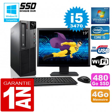 PC Lenovo M92p SFF Core I5-3470 Ram 4Go Disque 480 Go SSD Wifi W7 Ecran 19"