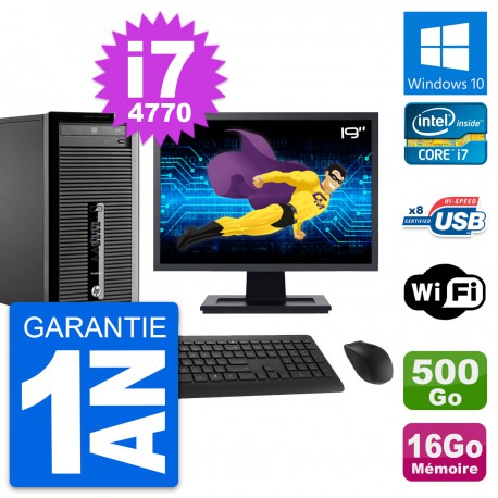 PC Tour HP 400 G1 Ecran 19" Intel i7-4770 RAM 16Go Disque 500Go Windows 10 Wifi