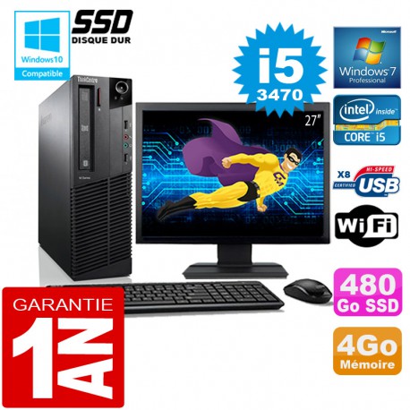 PC Lenovo M92p SFF Core I5-3470 Ram 4Go Disque 480 Go SSD Wifi W7 Ecran 27"