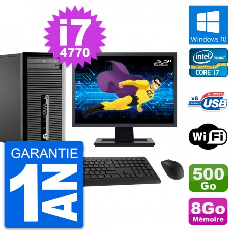 PC Tour HP 400 G1 Ecran 22" Intel i7-4770 RAM 8Go Disque 500Go Windows 10 Wifi