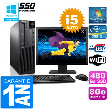 PC Lenovo M92p SFF Core I5-3470 Ram 8Go Disque 480 Go SSD Wifi W7 Ecran 22"