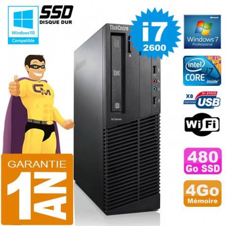 PC Lenovo M92p SFF Core I7-2600 Ram 4Go Disque 480 Go SSD Graveur DVD Wifi W7