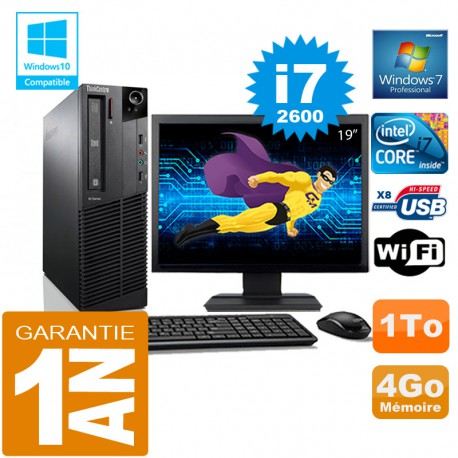 PC Lenovo M92p SFF Core I7-2600 Ram 4Go Disque 1 To Wifi W7 Ecran 19"