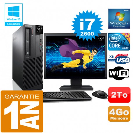 PC Lenovo M92p SFF Core I7-2600 Ram 4Go Disque 2 To Wifi W7 Ecran 19"