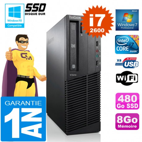 PC Lenovo M92p SFF Core I7-2600 Ram 8Go Disque 480 Go SSD Graveur DVD Wifi W7