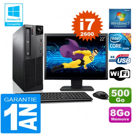 PC Lenovo M92p SFF Core I7-2600 Ram 8Go Disque 500 Go Wifi W7 Ecran 22"