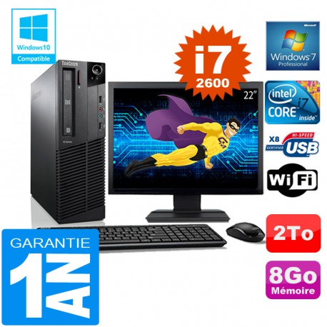 PC Lenovo M92p SFF Core I7-2600 Ram 8Go Disque 2 To Wifi W7 Ecran 22"