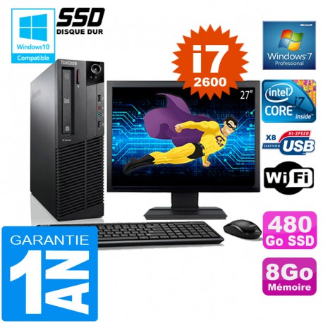 PC Lenovo M92p SFF Core I7-2600 Ram 8Go Disque 480 Go SSD Wifi W7 Ecran 27"