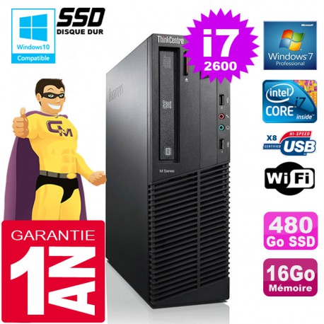PC Lenovo M92p SFF Core I7-2600 Ram 16Go Disque 480 Go SSD Graveur DVD Wifi W7