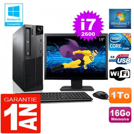 PC Lenovo M92p SFF Core I7-2600 Ram 16Go Disque 1 To Wifi W7 Ecran 19"