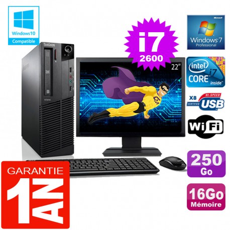 PC Lenovo M92p SFF Core I7-2600 Ram 16Go Disque 250 Go Wifi W7 Ecran 22"