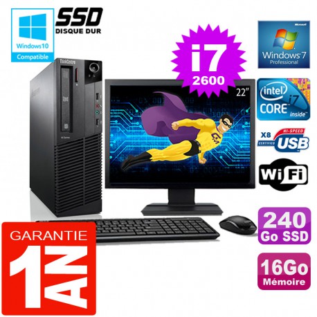 PC Lenovo M92p SFF Core I7-2600 Ram 16Go Disque 240 Go SSD Wifi W7 Ecran 22"