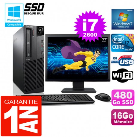 PC Lenovo M92p SFF Core I7-2600 Ram 16Go Disque 480 Go SSD Wifi W7 Ecran 22"