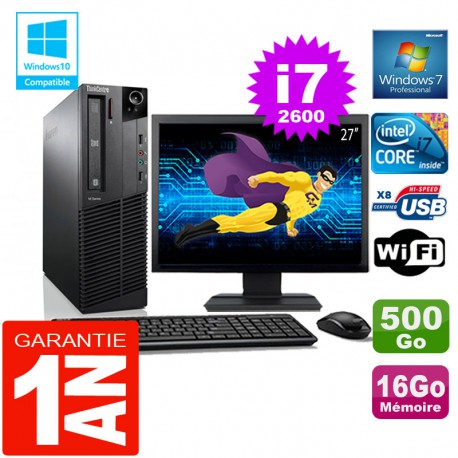 PC Lenovo M92p SFF Core I7-2600 Ram 16Go Disque 500 Go Wifi W7 Ecran 27"