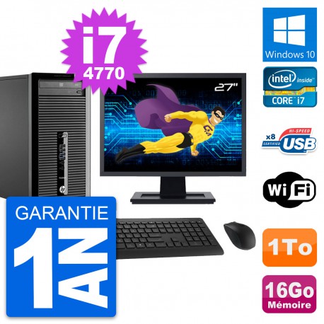 PC Tour HP 400 G1 Ecran 27" Intel i7-4770 RAM 16Go Disque 1To Windows 10 Wifi