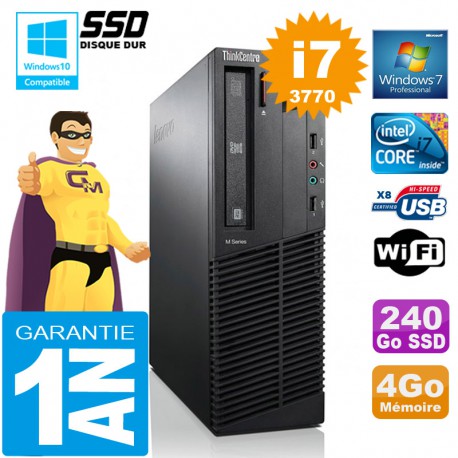 PC Lenovo M92p SFF Core I7-3770 Ram 4Go Disque 240 Go SSD Graveur DVD Wifi W7