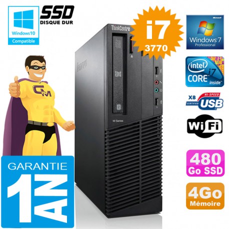 PC Lenovo M92p SFF Core I7-3770 Ram 4Go Disque 480 Go SSD Graveur DVD Wifi W7