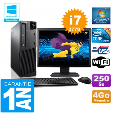 PC Lenovo M92p SFF Core I7-3770 Ram 4Go Disque 250 Go Wifi W7 Ecran 19"