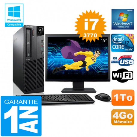 PC Lenovo M92p SFF Core I7-3770 Ram 4Go Disque 1 To Wifi W7 Ecran 19"