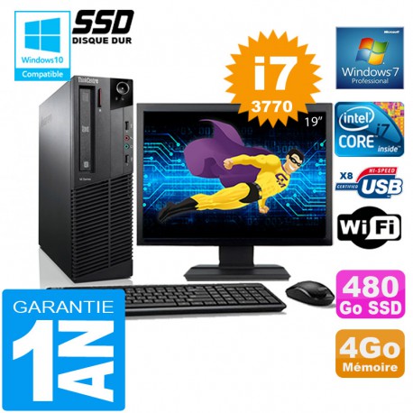 PC Lenovo M92p SFF Core I7-3770 Ram 4Go Disque 480 Go SSD Wifi W7 Ecran 19"