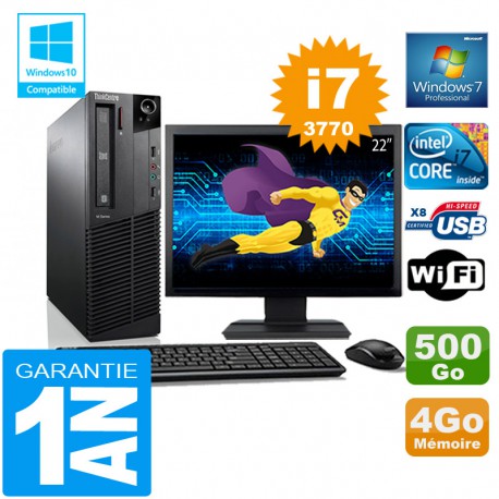 PC Lenovo M92p SFF Core I7-3770 Ram 4Go Disque 500 Go Wifi W7 Ecran 22"