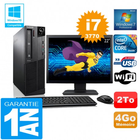 PC Lenovo M92p SFF Core I7-3770 Ram 4Go Disque 2 To Wifi W7 Ecran 22"