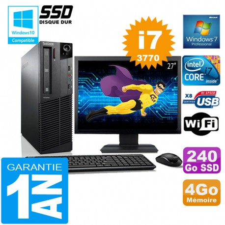 PC Lenovo M92p SFF Core I7-3770 Ram 4Go Disque 240 Go SSD Wifi W7 Ecran 27"