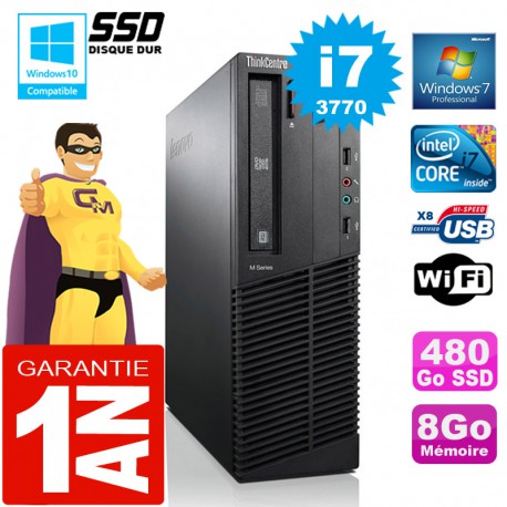 PC Lenovo M92p SFF Core I7-3770 Ram 8Go Disque 480 Go SSD Graveur DVD Wifi W7