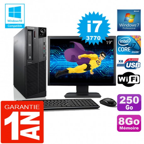PC Lenovo M92p SFF Core I7-3770 Ram 8Go Disque 250 Go Wifi W7 Ecran 19"