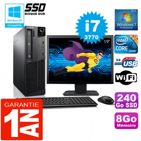 PC Lenovo M92p SFF Core I7-3770 Ram 8Go Disque 240 Go SSD Wifi W7 Ecran 19"