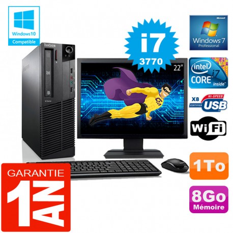 PC Lenovo M92p SFF Core I7-3770 Ram 8Go Disque 1 To Wifi W7 Ecran 22"