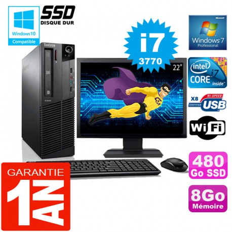 PC Lenovo M92p SFF Core I7-3770 Ram 8Go Disque 480 Go SSD Wifi W7 Ecran 22"