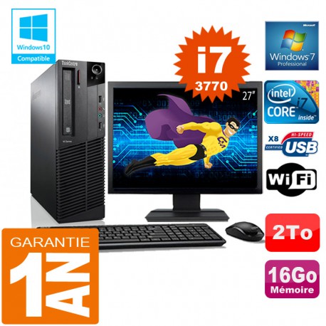 PC Lenovo M92p SFF Core I7-3770 Ram 16Go Disque 2 To Wifi W7 Ecran 27"