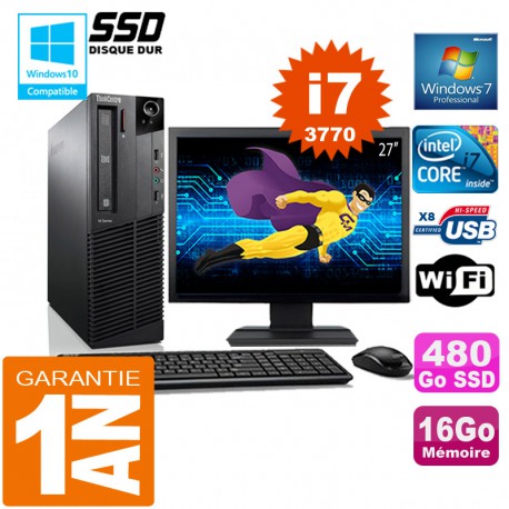 PC Lenovo M92p SFF Core I7-3770 Ram 16Go Disque 480 Go SSD Wifi W7 Ecran 27"