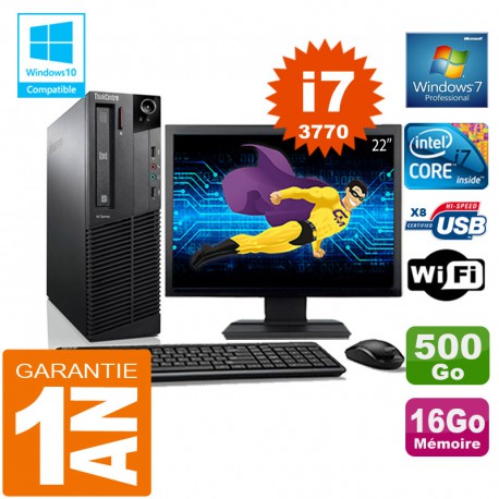 PC Lenovo M92p SFF Core I7-3770 Ram 16Go Disque 500 Go Wifi W7 Ecran 22"