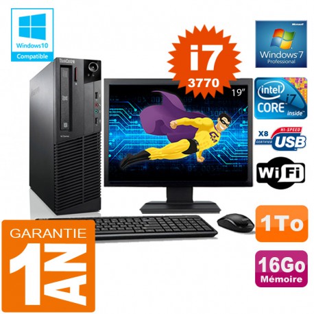 PC Lenovo M92p SFF Core I7-3770 Ram 16Go Disque 1 To Wifi W7 Ecran 19"