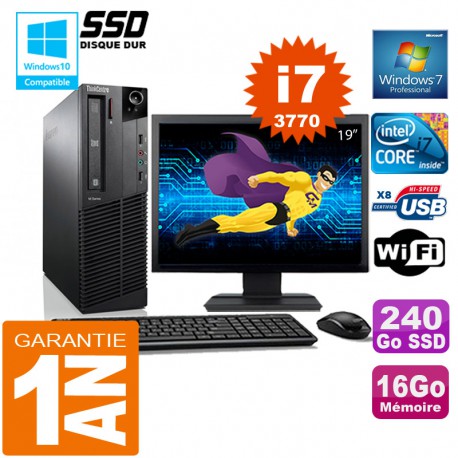 PC Lenovo M92p SFF Core I7-3770 Ram 16Go Disque 240 Go SSD Wifi W7 Ecran 19"