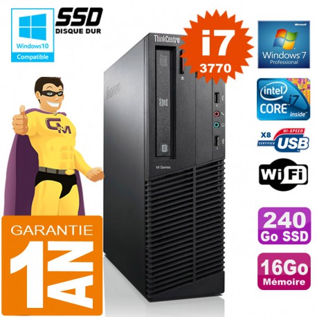 PC Lenovo M92p SFF Core I7-3770 Ram 16Go Disque 240 Go SSD Graveur DVD Wifi W7