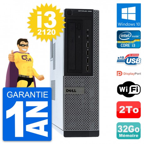 PC Dell OptiPlex 990 DT Intel i3-2120 RAM 32Go Disque Dur 2To Windows 10 Wifi