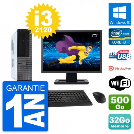 PC Dell 990 DT Ecran 19" Intel i3-2120 RAM 32Go Disque Dur 500Go Windows 10 Wifi