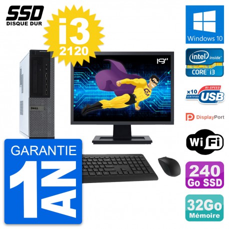 PC Dell 990 DT Ecran 19" Intel Core i3-2120 RAM 32Go SSD 240Go Windows 10 Wifi