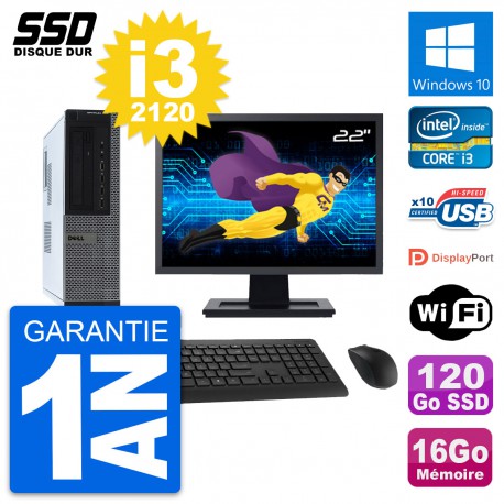 PC Dell 990 DT Ecran 22" Intel Core i3-2120 RAM 16Go SSD 120Go Windows 10 Wifi