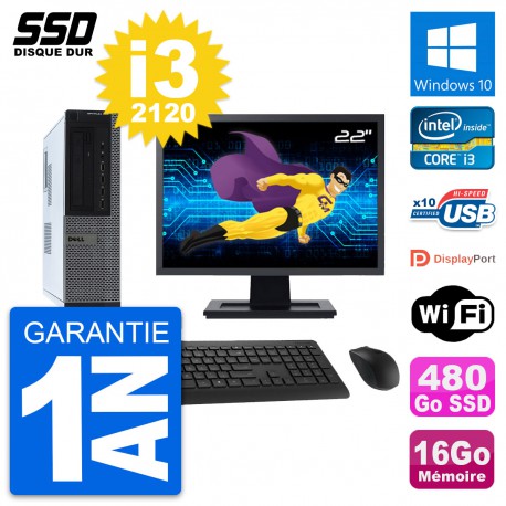 PC Dell 990 DT Ecran 22" Intel Core i3-2120 RAM 16Go SSD 480Go Windows 10 Wifi
