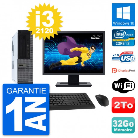 PC Dell 990 DT Ecran 22" Intel i3-2120 RAM 32Go Disque Dur 2To Windows 10 Wifi