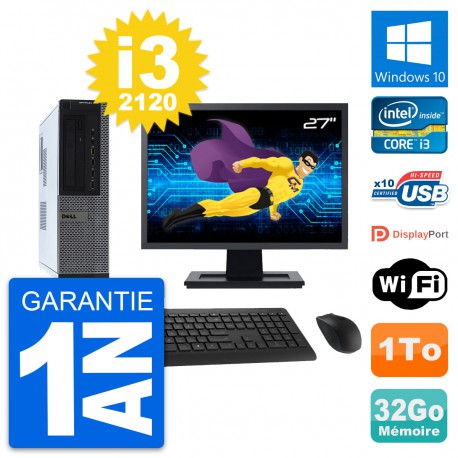 PC Dell 990 DT Ecran 27" Intel i3-2120 RAM 32Go Disque Dur 1To Windows 10 Wifi